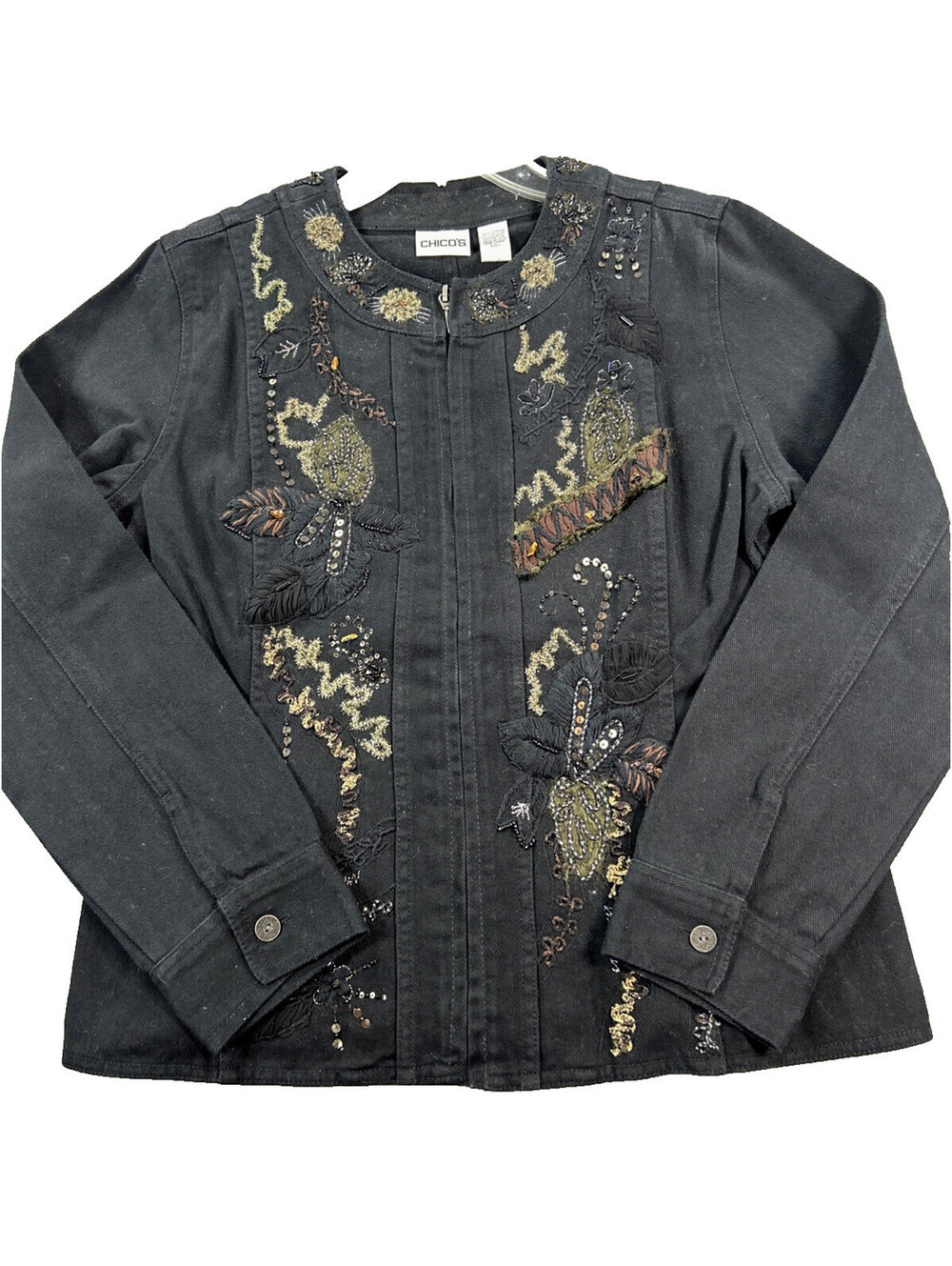 Vintage 90s Sz 1 Black Embroidered Stretch Denim Zip Jacket Chicos Gothic Biker